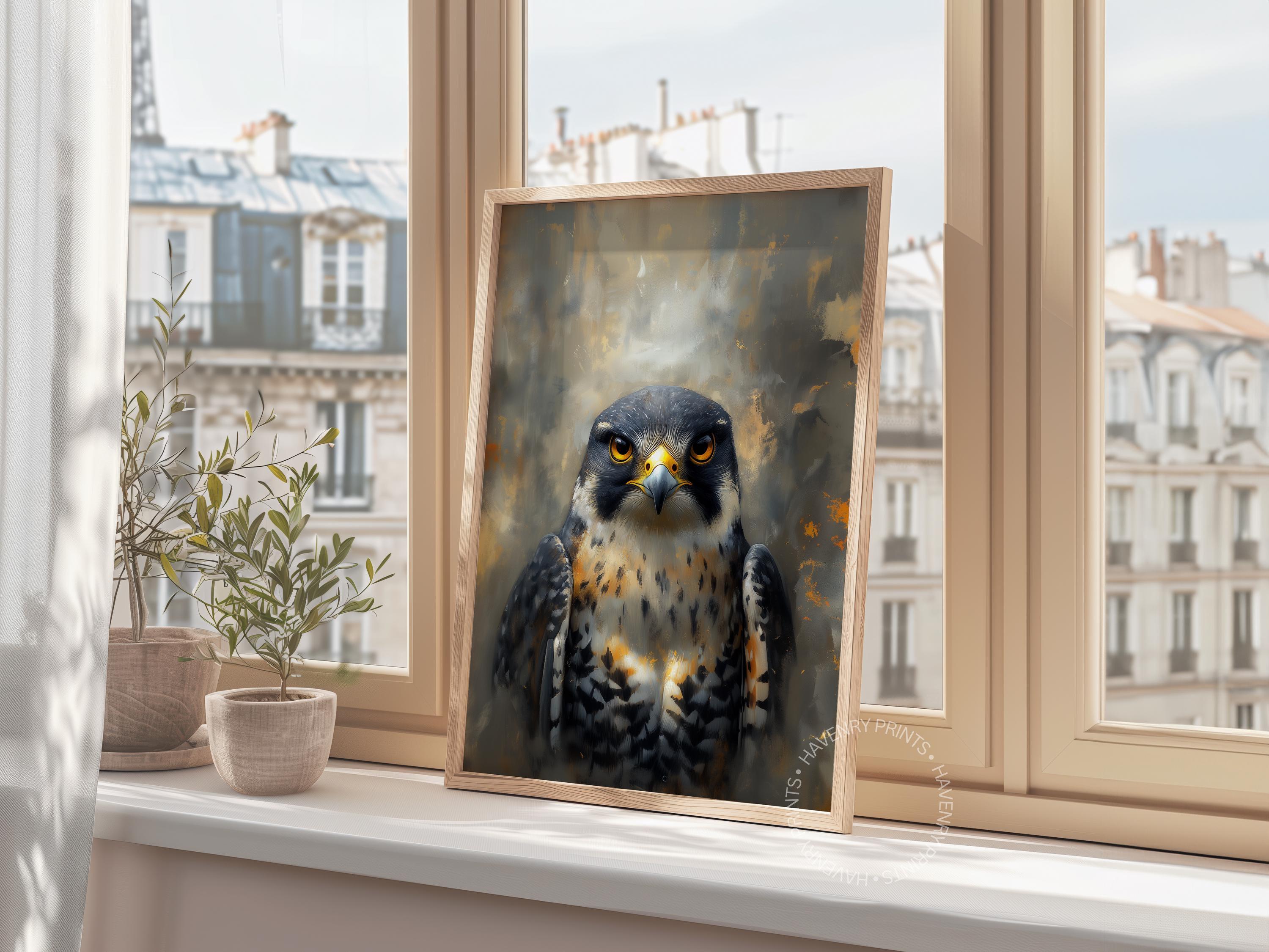 絵画　ハヤブサ　大きな作品 雄大なハヤブサの肖像画、迫力ある猛禽類のアート（デジタル