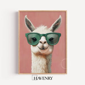 Niedliches Lama in Gläsern druckbare Wandkunst - lustiges Kinderzimmer Dekor, wunderliche Lama Illustration, niedlicher Tierdruck, Kinderzimmer Kunst 178