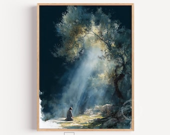 May include: A framed art print depicting a tranquil scene of a figure in prayer beneath a tree. The artwork is illuminated by a shaft of light. The print is in a wooden frame and has the text "HAVENRY" at the bottom.