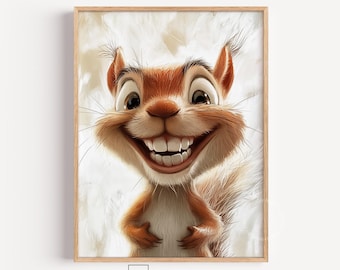 Cartoon Squirrel Portrait, Playful Smiling Animal Illustration for Children's Room (Digital Download) 739
