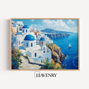 Santorini Greece Print: Whitewashed Houses, Blue Domes (Digital Download