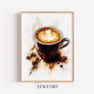 Varm latte med hjärtkonst, akvarelltryck av kaffekopp, köksdekor i lantlig stil (digital nedladdning) 573