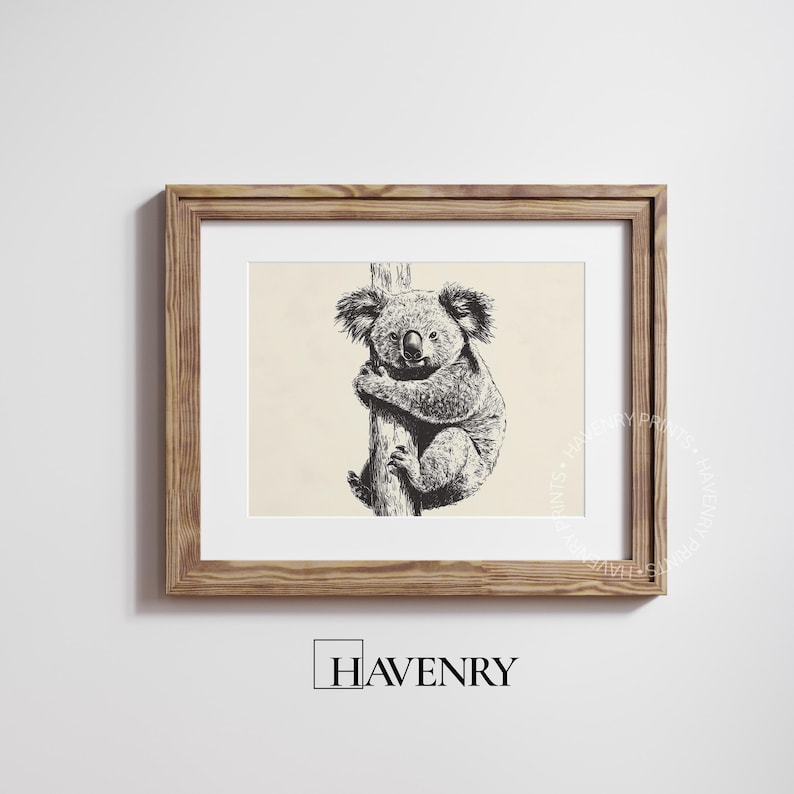 Koala and Tree Pen-and-ink Line Drawing, Neutral Nursery Wall Art ...
