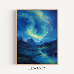 May include: A framed landscape painting in a wooden frame. The artwork shows a mountain range beneath a swirling, luminous sky of blues and yellows. The painting has the text "HAVENRY" at the bottom.