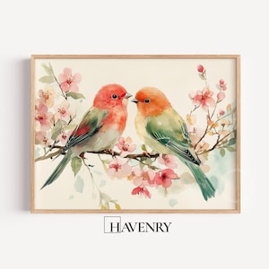 Cuadro de pájaros cantores de primavera, adorable arte mural botánico en acuarela estilo cottagecore (descarga digital) 961