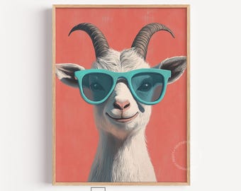 Lächelnde Ziege Illustration Tragen Teal Sonnenbrillen, Lustige Tier Wand Kunst (Digitaler Download) 172