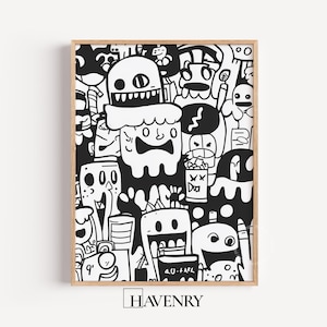 May include: Black and white doodle art print in a wooden frame. The artwork features a variety of cartoonish characters and shapes, creating a whimsical and playful design. The print includes the text "HAVENRY" at the bottom.