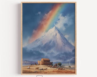 Noaks ark akvarellmålning, vintage pastoral landskapskonst (digital nedladdning) 350