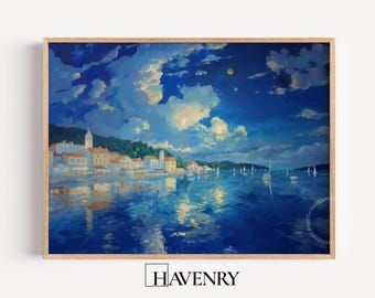 Pueblo costero iluminado por la luna (imprimible) - Paisaje marino náutico melancólico, arte romántico de puerto, decoración costera serena, descarga mediterránea 651