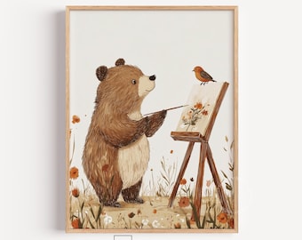 Cozy Brown Bear Painting Nursery Art, Bird and Wildflowers Illustration (Digital Download) 137