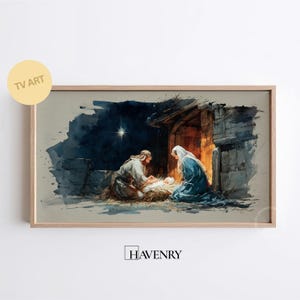 Arte para TV con marco Samsung de la Natividad, pesebre en acuarela con María y José, establo rústico navideño, descarga instantánea 692