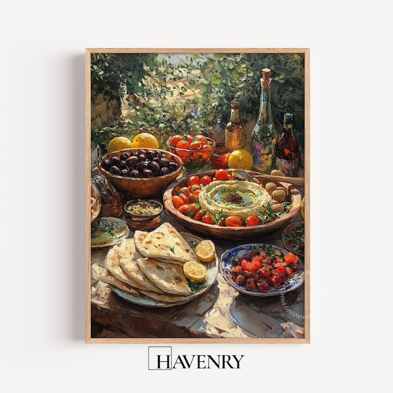 set of three mediterranean kitchen prints | framed... Mediterranean Mezze Still Life Printable - Rustic Kitchen Wall Art ...