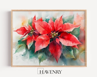 May include: A watercolor painting of vibrant red poinsettia flowers with green leaves, framed in a light wood frame. The artwork features soft, blended brushstrokes and a light background. The text HAVENRY is printed in black at the bottom center.