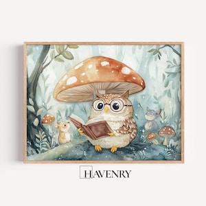May include: Watercolor illustration of an owl wearing glasses, reading a book under a mushroom. A mouse and other forest creatures are also present. The artwork is framed in a wooden frame and features the text "HAVENRY" at the bottom.