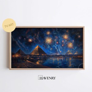 Egyptian Nightscape Frame TV Art, Great Pyramids Digital Wall Decor, Festive Fireworks Night Scene, Vintage Historic Download Art 698