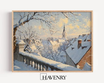 Vintage Winter Village Painting, Snowy Church Steeple Scene (Digital Download) 291