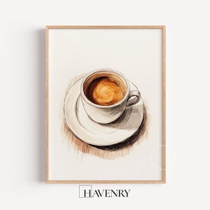 Puede incluir: Impresión de acuarela de una taza de café sobre un platillo. El café es de color marrón intenso, y la taza y el platillo son blancos. La obra de arte está enmarcada en un marco de madera marrón claro. La impresión está firmada "HAVENRY".