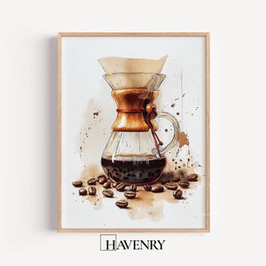 Quadro con caraffa da caffè Chemex accogliente, arte da cucina in stile rustico (download digitale) 567