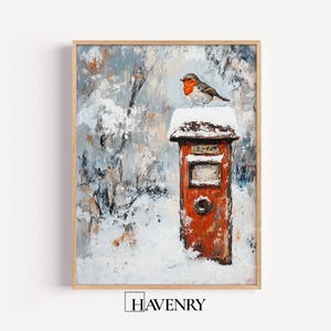 May include: A framed painting depicts a red mailbox covered in snow, with a small bird perched on top. The artwork has a textured, impressionistic style, with a snowy winter landscape in the background. The painting is signed with the word "HAVENRY".