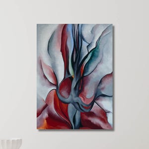 May include: A rectangular canvas painting featuring abstract, flowing forms in shades of deep red, dark blue, and soft grey. The composition consists of organic, curved shapes that overlap and intertwine, creating a sense of movement and depth.