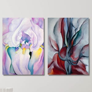 May include: Two rectangular wall art prints displayed side by side. The left print features a close-up of a pale purple and white iris flower with yellow accents. The right print displays an abstract composition of flowing red, grey, and black shapes.
