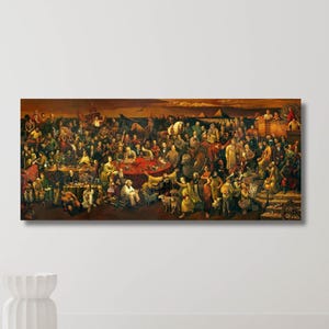 May include: A large, rectangular canvas print of a historical painting. The artwork depicts a crowded scene with numerous figures in period clothing, gathered around tables and in groups. The color palette is dominated by warm tones of brown, gold, and red.