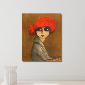 Può includere: Dipinto in stile vintage di una donna con un cappello rosso con un fiocco. La donna ha occhi scuri e labbra rosse e indossa un cappotto grigio. Lo sfondo è di colore marrone caldo.