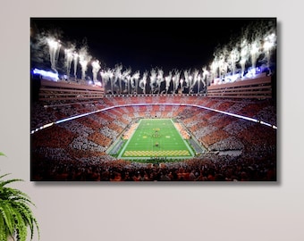 May include: A large, framed canvas print of a football stadium at night, filled with spectators in orange and white. Fireworks erupt above the stadium, illuminating the scene against a black sky. The field is green.