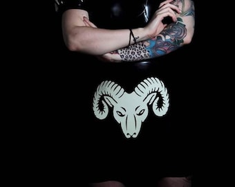Latex Mini Skirt with Rams Head. Short Black Rubber with White Skull