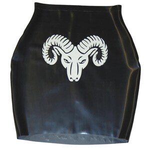 A black rubber skirt with a white ram's head design.
