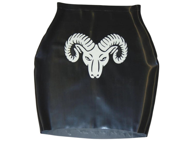 A black rubber skirt with a white ram's head design.