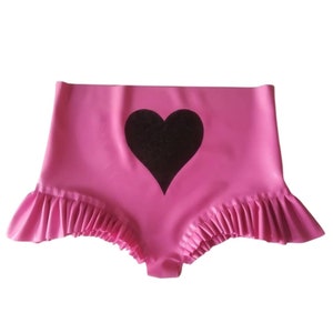 Latex Knickers with Frill Trim. Latex Panties with Heart Detail