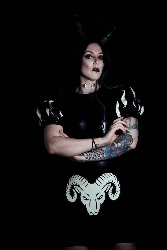 Latex Mini Skirt with Rams Head. Short Black Rubber with White Skull