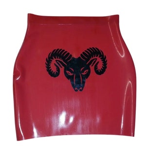 A red latex mini skirt with a black ram head design.