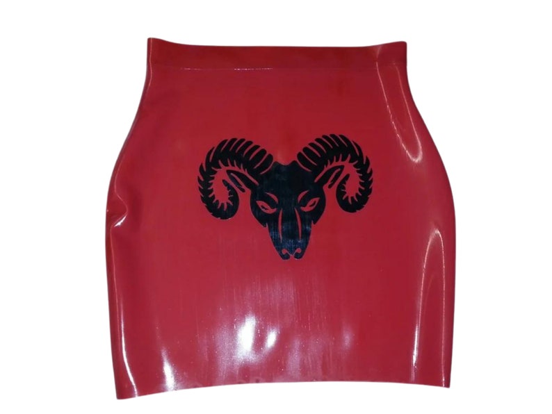 A red latex mini skirt with a black ram head design.