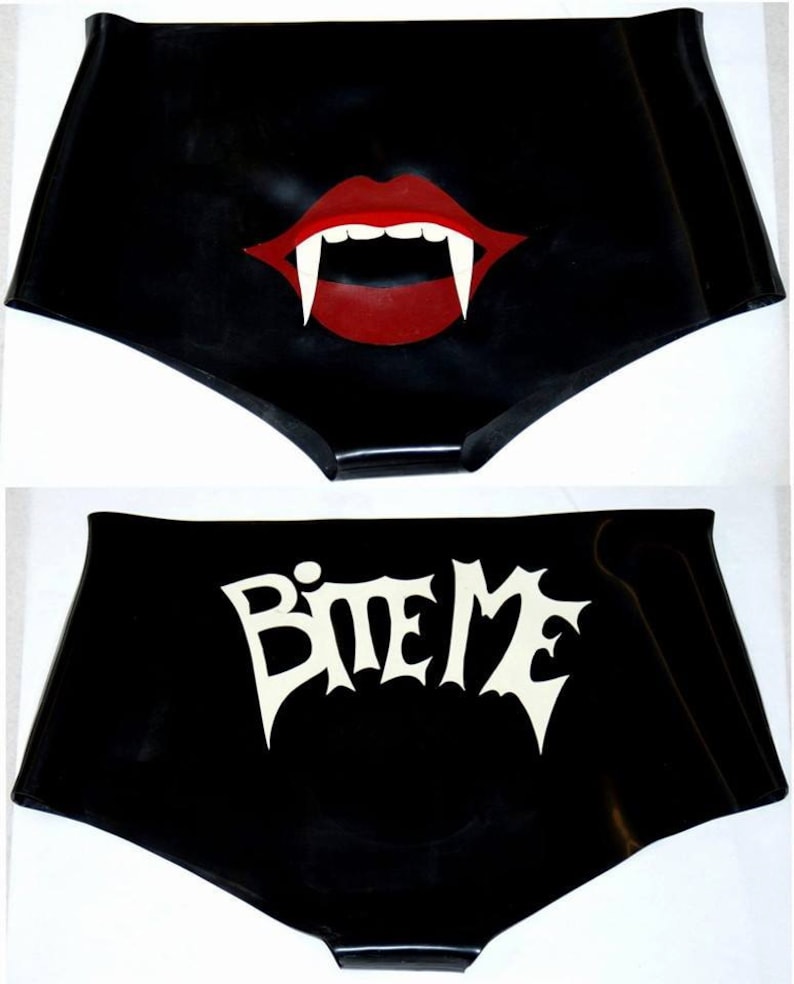 A black pair of latex knickers. The back has a "Bite Me" logo. The front features an applique with vampire lips.
