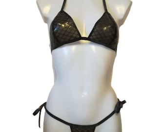 Fishnet Latex Lingerie, Fishnet Triangle Bikini, Halter Neck Bra