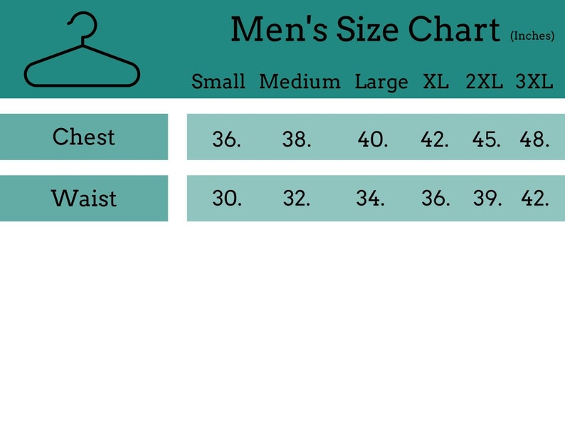 May include: A size chart for men's clothing, showing chest and waist measurements in inches for sizes small through 3XL.
