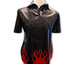 Men&#39;s Flames Latex Polo Shirt: Red Appliques