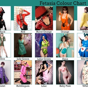 May include: A color chart featuring 15 different latex outfits in various colors, including black, red, burnt orange, orange, yellow, olive, jade green, lime green, aqua, mid blue, violet, bubblegum, lilac, baby pink, and white.