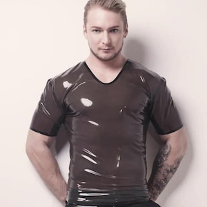 Mens Latex T Shirt. V Neck Top with Trim Edging