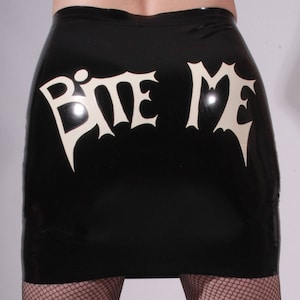 Latex Mini Skirt with Customised Text. Tight Rubber Skirt