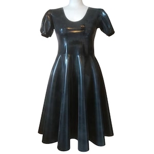 Puff Sleeve Latex Swing Dress. Short Sleeve Fit and Flare Hand Made Rubber Dress