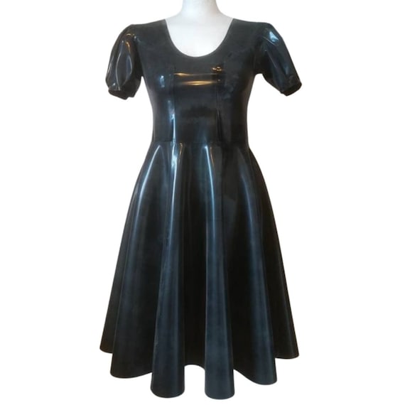 Puff Sleeve Latex Swing Dress, Fit & Flare Rubber Dress