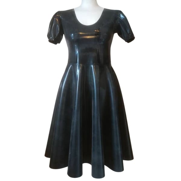 Puff Sleeve Latex Swing Dress, Fit & Flare Rubber Dress