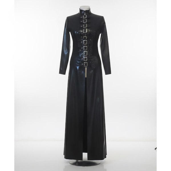 Abrigo largo de látex de dominatriz, gabardina de goma