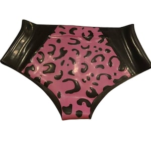 May include: Pink and black leopard print underwear with a high-waisted cut.