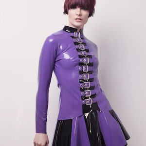 Latex Buckle Jacket: Mandarin Collar, Contrast Detail