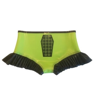 High Waist Latex Knickers: Laser Cut Coffin Lace, Black Frill