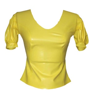 Latex Top with Short Puff Sleeves. Rubber Scoop Neck T Shirt